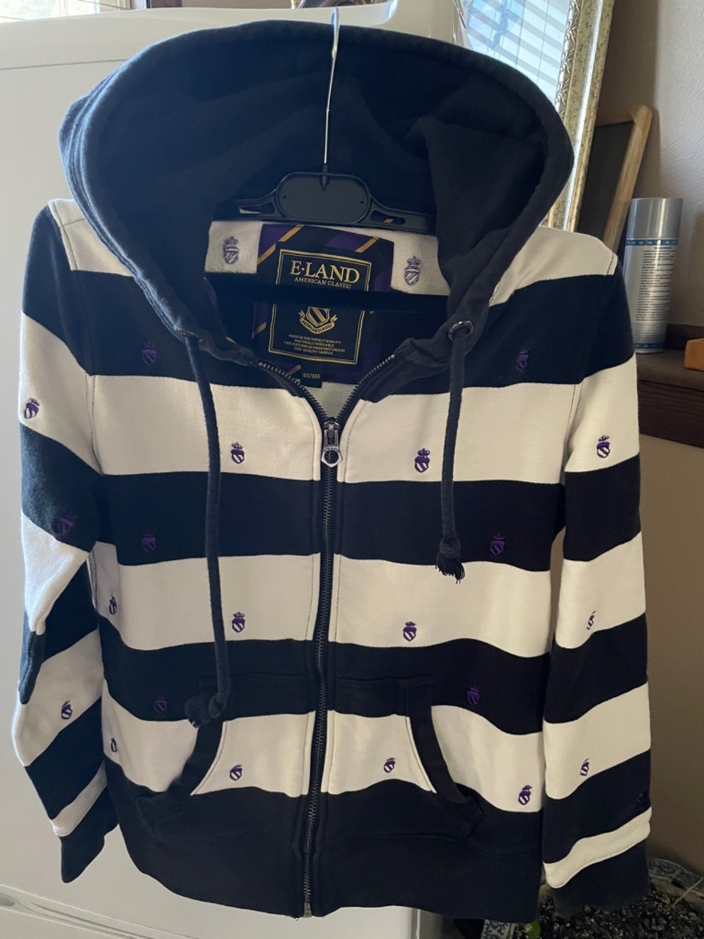 Black & White Striped Zip Hoodie with Purple Crest
